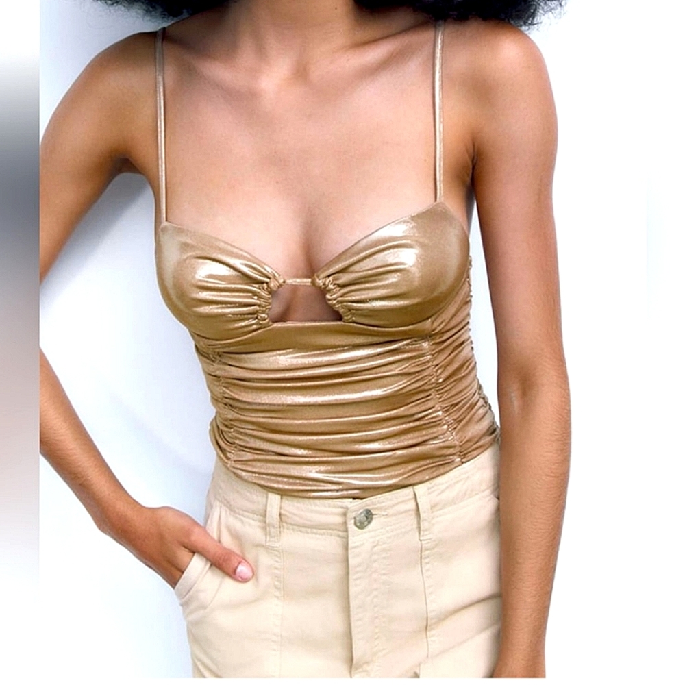NWT Zara Metallic Gold Ruched Bodysuit with Cutout S read description